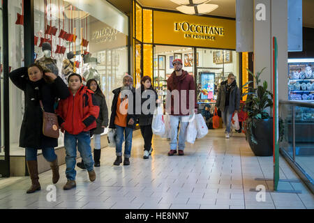 La Folla di last minute shoppers pack il Queens Center Mall nel quartiere di Queens a New York sulla cosiddetta Super Sabato, Dicembre 17, 2016. Perché la vigilia di Natale e Hanukah sia caduta su Sabato questa è stata l'ultima giornata di sabato shopping prima della vacanza. (© Richard B. Levine) Foto Stock