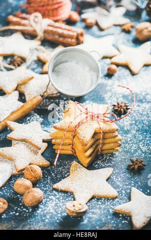 In casa di panpepato cookie con cannella, anice e dadi, sullo sfondo di legno compensato Foto Stock