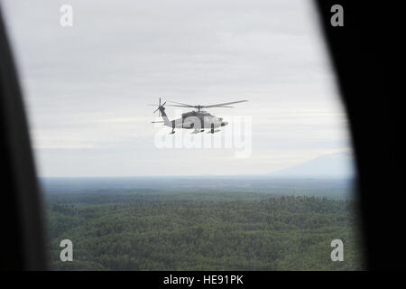 Palmer, Alaska - UH-60L elicotteri Blackhawk, pilotato da soldati di B Company, 1° Battaglione, 207th reggimento di aviazione, Alaska Esercito Nazionale Guardia, airlift U.S. Forest Service's Lassen interagenzie Hotshot equipaggio (IHC) di Susanville, California, da Palmer aeroporto, Giugno 28, 2013. I 21 membri IHC è stato trasportato circa 100 miglia a nord-est, vicino alla vicinanza del fiume Susitna e Wantana Creek, per alleviare il Bureau of Land Management ponticelli di fumo già sulla scena. Percy G. Jones) Foto Stock