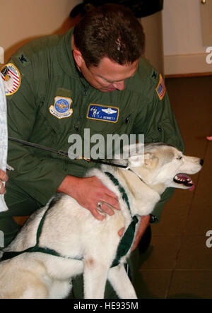 Col. Thomas Kennett, dal quartier generale di mobilità in aria a comando Scott Air Force Base, Ill., saluta un Siberian Husky denominato 'Nomad" presso la American Kennel Club Museo del cane in Saint Louis, Mo., nov. 2. Il colonnello Kennett era parte del pubblico per una presentazione di un tubo endotracheale Antartico grafico creato da Col. Ronald Smith -- anche da AMC. Il grafico mostra 'Airway 338' waypoint con ciascun waypoint denominato dopo squadre di cani da slitta di esploratore norvegese Roald Amundsen e il pony pack del team britannico explorer Capt. Robert Falcon Scott. Il grafico di aeronautica è utilizzato in volo internazionale navigazione fr Foto Stock