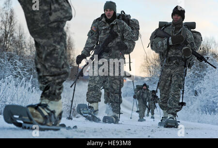 I soldati assegnati al 6° Battaglione ingegnere (combattimento) (Airborne) utilizzano le racchette da neve durante la luce artica formazione individuale sul sentiero di Bulldog, 6 Dicembre 2012 a temperature sotto lo zero. ALIT è l'esercito degli Stati Uniti Alaska freddo Meteo programma di indottrinamento. Essa dà tutti i soldati, indipendentemente dal loro lavoro, la Fondazione opera con successo, treno e andare alla guerra in alcuni degli ambienti più difficili al mondo. Justin Connaher) Foto Stock