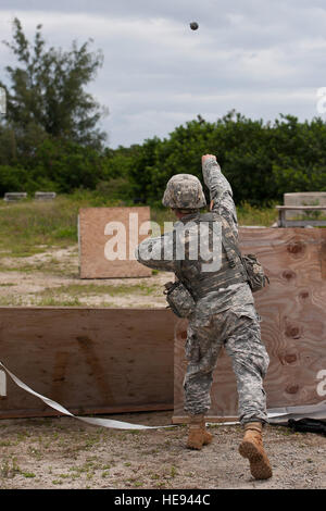 Stati Uniti Army Sgt. Derek Zacharias, 322nd gli affari civili Brigade informazioni specialista della tecnologia, U.S. Riserve dell'esercito pacifico, Lancia una granata simulato durante un guerriero migliore concorrenza caso 1 Marzo, 2014, al Marine Corps Area Formazione soffietto, Hawaii. Due soldati sono stati necessari per comunicare e muoversi sotto il fuoco e impiegano una bomba a mano a un bersaglio durante l'evento. Il concorso è stato progettato per testare elite soldati nel loro esercito aptitude che vanno dalle simulazioni di guerra, scheda interviste, idoneità fisica prove ed esercitazioni di battaglia. Il personale Sgt. Christopher Hubenthal) Foto Stock