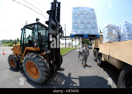 Sgt. 1. Classe Wyatt G. Oscar, 1st/201st campo artiglieria, West Virginia Esercito Nazionale Guardia, dirige un carrello elevatore a forche per pallet di carico su di un carico pallettizzato in Sistema in Lewisburg, W Va. Il WVNG continua a sostenere il settore locale della contea di Greenbrier a causa di una tempesta di venerdì scorso che ha lasciato molti residenti senza energia elettrica e acqua in tutto West Virginia. Foto Stock