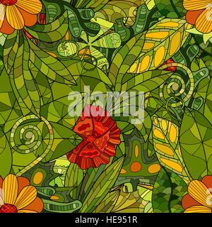 Disegnata a mano con motivi floreali di vettore seamless pattern con foglie e fiori Illustrazione Vettoriale