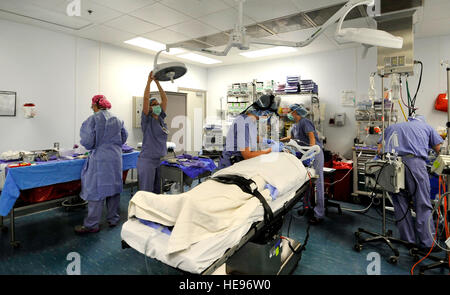 Il Mag. Jamie Swartz, un orecchio naso e gola chirurgo e il suo assistente personale, Sgt. Robyn Wilcox, preparare un paziente per un septorhinoplasty aperto su un paziente in Craig Teatro comune ospedale di Bagram Air Field, Afghanistan, luglio 22, 2013. La procedura eseguita separato il suo naso in una sul lato destro e sul lato sinistro la raddrizzatura del setto e delle ossa, riducendo l'ostruzione e permette al paziente di respirare meglio. Il paziente ha avuto problemi di respirazione, mal di testa e pressione a causa di un ostacolo all'interno il suo naso. Il personale Sgt. Stephenie Wade) Foto Stock