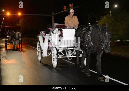 Membri del team di Seymour fare una gita in carrozza durante un albero cerimonia di illuminazione, 7 dicembre, 2015, presso Seymour Johnson Air Force Base, N.C. I produttori alimentari e i produttori di gioielli e libera giri in carrozza trainata da cavalli erano disponibili all'evento. Airman 1. Classe Ashley Williamson) Foto Stock