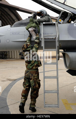 Lt. Col. Jeremy Quatacker, 8° Fighter Wing capo della sicurezza, dà Senior Airman Clinton Caruolo, 8 Manutenzione aeromobili squadrone, i suoi sacchi prima di uscire da un F-16 Fighting Falcon durante l'esercizio Beverly mezzanotte 13-1 a Kunsan Air Base, Corea del Sud, gen. 16, 2013. La chiara sacchetti sono usati per mantenere il pilota privo di contaminanti prima che passi sul terreno. Senior Airman Marcus Morris) Foto Stock