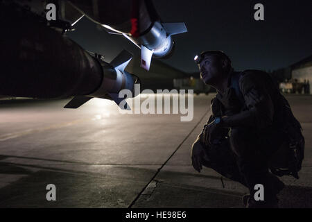 Il cap. Jay Doerfler, 421st Expeditionary Fighter Squadron F-16 Fighting Falcon pilota, esegue controlli di preflight prima della partenza di un volo sono stati ha superato 1000 combattere ore di volo a Bagram Airfield, Afghanistan, Aprile 7, 2016. Doerfler ha volato due diversi aeromobili, la MC-12 e F-16, in più di 200 missioni di combattimento da Kandahar e aerodromi Bagram durante più distribuzioni. Doerfler passerà a F-35 Lightning II dopo il suo tempo in Afghanistan. Tech. Sgt. Robert Cloys) Foto Stock