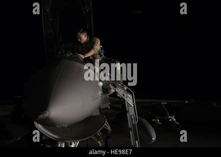 Il cap. Jay Doerfler, 421st Expeditionary Fighter Squadron pilota, nelle salite al suo F-16 Fighting Falcon prima di uscire su un volo sono stati ha superato 1000 combattere ore di volo a Bagram Airfield, Afghanistan, Aprile 7, 2016. Doerfler ha volato due diversi aeromobili, la MC-12 e F-16, in più di 200 missioni di combattimento da Kandahar e aerodromi Bagram durante più distribuzioni. Doerfler passerà a F-35 Lightning II dopo il suo tempo in Afghanistan. Tech. Sgt. Robert Cloys) Foto Stock