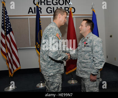 Il Mag. Gen. Daniel Hokanson, aiutante generale Oregon, si congratula con il Mag. Casey Dierickx, 142th Fighter Wing delegato, durante una stella Bronze cerimonia tenutasi a Portland Air National Guard Base, Ore., nov. 3, 2013. Come parte della cerimonia, entrambi Dierickx e Senior Master Sgt. Brian Wade, della 142th Fighter Wing Ordinanza sugli esplosivi gruppo di smaltimento, si sono aggiudicati la Stella di Bronzo per il loro servizio durante l'Operazione Enduring Freedom. ( Tech. Sgt. John Hughel, 142th Fighter Wing Affari pubblici Foto Stock