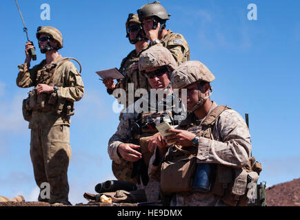 Stati Uniti Marines del 3° Reggimento marina e Esercito Australiano, Royal Australian artiglieria incendi comune ai membri del team di lavorare insieme durante un incendio esercizio di supporto da parte di RIM del Pacifico (RIMPAC) Esercizio 2014. I membri del servizio dell'U.S. Marines, Esercito Australiano, Nuova Zelanda Esercito e l'esercito canadese, hanno lavorato insieme durante l'esercizio per coordinare antenna e gli attacchi di mortaio durante lo scenario. Ventidue nazioni, 49 navi, sei sommergibili, più di 200 aerei e 25.000 personale partecipano RIMPAC dal 26 giugno al 1 agosto in e intorno alle Isole Hawaii e Californ meridionale Foto Stock