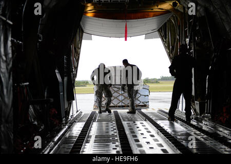 Stati Uniti Avieri preparare per il carico di un pallet di carico a bordo di una Royal Australian Air Force (RAAF) C-130J Hercules aeromobile come il piano?s loadmaster, destra, sovrintende a febbraio 25, 2014, presso Andersen Air Force Base, Guam, durante l'esercizio a far fronte Nord 2014. Far fronte a nord è un aria annuale alle tattiche di combattimento, la fornitura di assistenza umanitaria e di soccorso in caso di catastrofe esercizio progettata per aumentare la disponibilità e l'interoperabilità dell'U.S. Air Force, Giappone Aria forza di autodifesa e RAAF. Tech. Sgt. Henry Hoegen Foto Stock