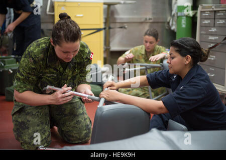 Oceano Pacifico - (5 giugno 2015) Royal Canadian Dental Corps Cpl. Jennifer Thompson (sinistra), un odontotecnico da Petawawa, Ontario e Navy Corpsman ospedale di terza classe Stephanie Caicedo, un assistente dentale da Jacksonville, Fla. assemblare sedie dentale a bordo del militare comando Sealift nave ospedale USNS misericordia (T-AH 19) durante il partenariato del Pacifico 2015. Le sedie dentale sono parte di un mobile laboratorio dentale, che consentirà al personale medico di curare i bambini vicino al Veiuto Scuola primaria durante una comunità di salute impegno. Pacific Partnership è nella sua decima iterazione ed è il più grande ann Foto Stock