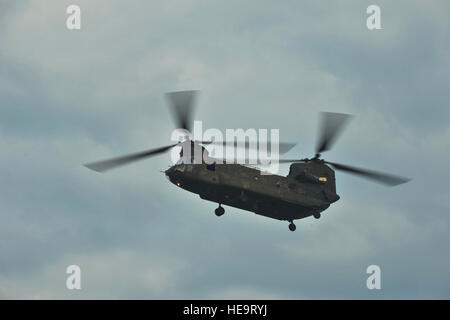 Un U.S. Esercito CH-47 Chinook dal 5° Battaglione, 159Reggimento aviazione terre durante l'esercizio risposta vibrante a Camp Atterbury, Ind. Agosto 21, 2011. Risposta vibrante è il più grande chimici, biologici, radiologici e nucleari (CBRN) risposta esercizio progettato per preparare le unità expeditionary incentrato su come rispondere ai domestici incidenti CBRN. (U.S. Air Force Foto Personale Sgt. Eric Harris) Foto Stock