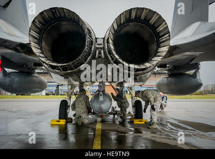 Manutenzione aviatori dal 125th Fighter Wing, Jacksonville, Florida, riconfigurare un F-15C Eagle a Leeuwarden Air Base, Paesi Bassi, 1 aprile 2015. F-15s dalla Florida e Oregon Air National Guard, assegnato al 159Expeditionary Fighter Squadron, vengono distribuiti in Europa come il primo mai ANG theatre pacchetto di sicurezza qui. Questi F-15s verrà condotta la formazione a fianco dei nostri alleati della NATO di rafforzare e di interoperabilità per dimostrare impegno degli Stati Uniti per la sicurezza e la stabilità dell'Europa. Il personale Sgt. Ryan Gru) Foto Stock