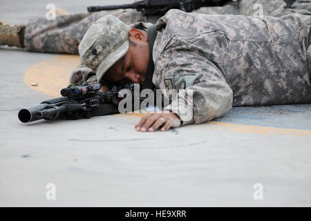 Durante un incidente di massa esercizio di risposta, U.S. Army Spc. John Chargualaf II, un fante di Guam esercito Guardia Nazionale e forze di sicurezza degli stati per il Farah provincial reconstruction team, giochi di ruolo come un soldato ferito in avanti su una base operativa Farah, Afghanistan, 23 gennaio. Il trapano medica era stato pianificato e gestito dal governo degli STATI UNITI Navy medici, infermieri e corpsmen assegnato all'avanzamento del team chirurgico si trova sul portachiavi Farah. Varie attività mediche, incluso il contratto di vigili del fuoco sul FOB, il Farah provincial reconstruction team team medico, e gli Stati Uniti Army medics in 4-73rd Cav Foto Stock