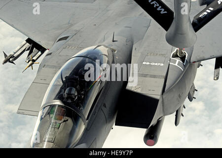 Un F-15E Strike Eagle velivolo pilotato da Col. Jeannie Leavitt riceve il carburante da una KC-135R Stratotanker durante il suo ultimo volo, 29 maggio 2014, nel Nord Carolina. Durante la sua carriera come la prima donna pilota da combattimento, Leavitt registrato più di 2.600 ore di volo del F-15E. Leavitt è il 4° Fighter Wing Commander. Senior Airman Giovanni Nieves Camacho) Foto Stock