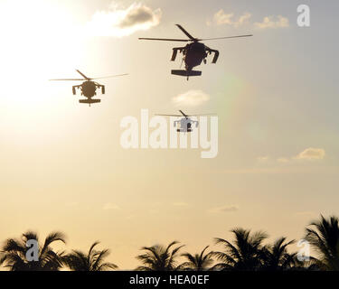 Una formazione di tre UH-60 Black Hawk elicotteri assegnato al compito comune della Force-Bravo 1-228esimo reggimento aviazione rende un approccio per un atterraggio a Puerto Castilla, Honduras, nov. 19, 2013. Gli elicotteri erano battenti di una missione che era parte di un giro di formazione collettiva Esercizio (CTE) essendo condotta dall'1-228th. Il cap. Zach Anderson) Foto Stock