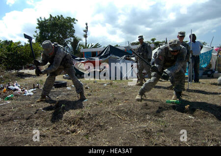 Paracadutisti dal 2 ° brigata truppe speciali Battaglione, 2° Brigata Team di combattimento, utilizzare assi per rimuovere piccoli ceppi allo scopo di ripulire il terreno per una tenda ad essere sollevata in un orfanotrofio a Port-au-Prince, Haiti, gen. 30. (U.S. SSG esercito John S. risate, 2° BCT PAO) Foto Stock