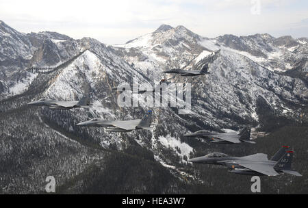 Oltre Idaho - sei-nave formazione di F-15C Eagle e F-15E Strike aquile sorvolare le montagne a dente di sega di Idaho ott. 13. Master Sgt. Kevin J. Gruenwald) Foto Stock