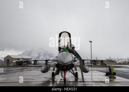 Stati Uniti Air Force 1 Lt. Paolo Baker, un pilota di caccia assegnato al 4° Fighter Squadron, salite in un F-16 Fighting Falcon a Hill Air Force Base in Utah, Marzo 27, 2014. In combinazione con la normale manutenzione, aviatori assegnati al 388 Fighter Wing partecipa all'operazione Noble Eagle(uno). Uno è stato lanciato dopo gli attentati terroristici a sett. 11, 2001, ed è prevista una rapida pronto Fighter Aircraft per rispondere alle possibili minacce. Gli esercizi di pratica tattiche simili vengono condotte per garantire la disponibilità e la protezione degli Stati Uniti per lo spazio aereo. Airman Taylor Regina Foto Stock