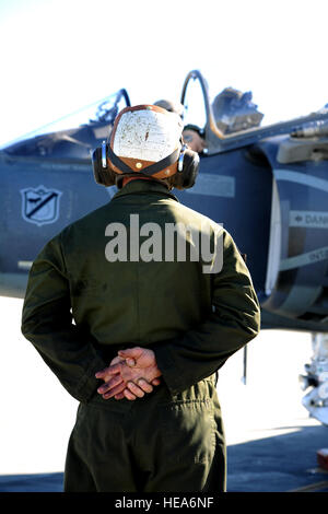 Stati Uniti Marine Corps Lance Cpl. Blake Mullins, Marine squadrone di attacco 214 Marine Corps Air Station, Yuma, Ariz., conduce pre-volo controlli con il Mag. Casey Elam in un AV-8B Harrier durante la formazione integrata esercizio 2-15 al Marine Corps Air il combattimento a terra (Centro MCAGCC) ventinove Palms, California, 17 febbraio, 2015. MCAGCC conduce pertinenti live-fuoco combinato di formazione di armi, le operazioni in ambiente urbano e giunto/coalizione di integrazione a livello di formazione che promuove le forze operative readiness. Tech. Sgt. Daniel san Pierre Foto Stock