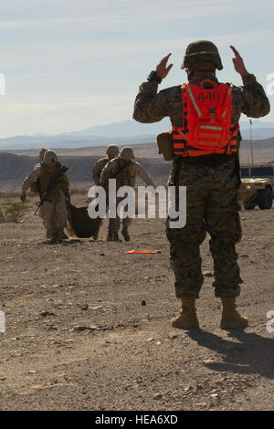 Stati Uniti Marines effettuare una simulazione di incidente mentre partecipa a operazioni mobili corso evento durante la formazione integrata esercizio 2-15 al Marine Corps Air Ground Centro di combattimento ventinove Palms (MCAGCC), California, 2 febbraio, 2015. MCAGCC conduce pertinenti live-fuoco combinato di formazione di armi, le operazioni in ambiente urbano e giunto/coalizione di integrazione a livello di formazione che promuove le forze operative readiness. Il personale Sgt. Amy F. Picard Foto Stock
