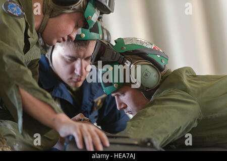 Stati Uniti Manutentori Marine assegnato al Marine squadrone di attacco 214 "pecore nere", Marine Corps Air Station Yuma, Ariz., servizio una linea idraulica su un AV-8B Harrier durante la formazione integrata esercizio 2-15 al Marine Corps Air il combattimento a terra (Centro MCAGCC) ventinove Palms, California, 17 febbraio, 2015. MCAGCC conduce pertinenti live-fuoco combinato di formazione di armi, le operazioni in ambiente urbano e giunto/coalizione di integrazione a livello di formazione che promuovono le forze operative readiness. Tech. Sgt. Efren Lopez Foto Stock