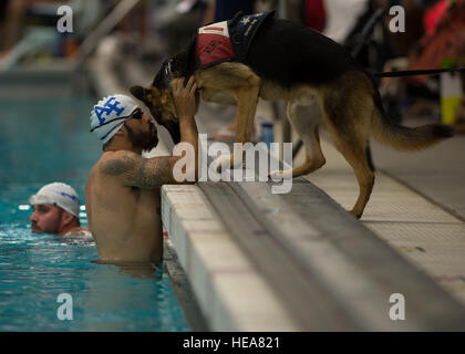 Air Force atleta agosto O'Niell baci al suo servizio cane, Kai, durante warmups per la porzione di nuoto del 2014 Warrior giochi presso U.S. Olympic Training Center Colorado Springs, Colo., Sett. 30. Il guerriero giochi consiste di atleti provenienti da tutto il Dipartimento della Difesa, che ha giocato in stile paralimpici eventi per il loro rispettivo ramo militare. Lo scopo del gioco è quello di contribuire a mettere in evidenza il potenziale illimitato di guerrieri attraverso gli sport competitivi. Senior Airman Justyn M. Freeman/ rilasciato) Foto Stock