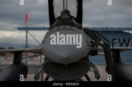 Forza aerea irachena Capt. Hama, studente pilota, effettua ispezioni di preflight mentre all'interno di un nuovo servizio di Iraqi F-16 Fighting Falcon situato presso il vicino aeroporto internazionale di Tucson, Dic 17, 2014. Hama era parte della prima classe di studenti iracheni di formazione con la 162ala per migliorare ulteriormente l'interoperabilità tra le due nazioni partner. Senior Airman Giordania Castelan) Foto Stock