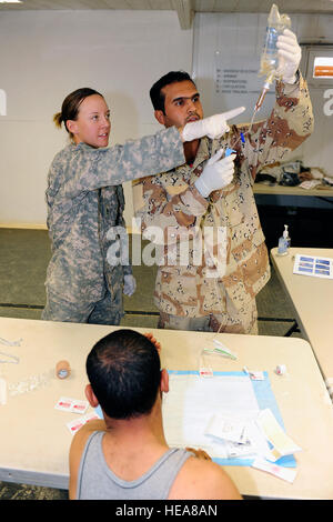 Stati Uniti Il personale dell'esercito Sgt. Jennifer Clarke da Wilmington, Del., assegnato al sessantacinquesimo Engineer battaglione, 130Engineer brigata, Teatro 8 Supporto comando, dimostra ai soldati iracheni dal quarto esercito iracheno Engineer Regiment, come per controllare il flusso della soluzione salina linee dopo l'esecuzione di un'infusione endovenosa o'IV stick' durante un combattimento Lifesavers corso sulla contingenza Base Operativa Speicher, nel nord Iraq, Sett. 27. Foto Stock