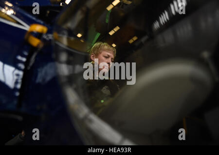 Col. Kristin Goodwin, seconda bomba Wing Commander, siede nella cabina di pilotaggio di un UH-1N Iroquois assegnato al primo squadrone di elicotteri a base comune Andrews, Md., Gennaio 12, 2015. Goodwin, un comandante in capo di installazione del Excellence Award valutatore, sat in elicottero durante un briefing della prima missione di HS. Airman 1. Classe Ryan J. Sonnier) Foto Stock