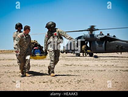 L'ottantaduesima Airborne Division evacuazione medica Team si prepara a condurre una evacuazione medica su un soldato ferito, 31 maggio 2013, durante il giunto di ingresso forzato Esercizio sul test del Nevada e campo di addestramento, Nev. Durante l'esercizio soldati paracadutismo simulato in un ambiente ostile al fine di conseguire i loro obiettivi strategici. Il personale Sgt. Michael Charles) Foto Stock