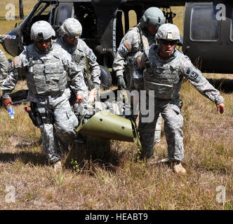 Membri della Joint Task Force-Bravo congiunto del forze di sicurezza Squadron e 1-228esimo reggimento aviazione pratica la evacuazione medica di una simulazione dell'equipaggio ferito stati durante un personale e aerei abbattuti esercizio di recupero in Honduras, Febbraio 4, 2014. Lo scopo dell'esercizio era di convalidare il gruppo nella sua capacità di supporto immediatamente un recupero del personale nel caso di un aereo abbattuto. Il cap. Zach Anderson) Foto Stock