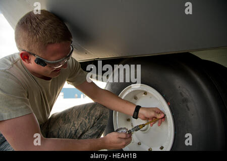 Stati Uniti Air Force Senior Airman Brandon Berens, capo equipaggio, 934th Airlift Wing, Minneapolis riserva d'aria Stazione, Minn., controlla la pressione di gonfiaggio di un C-130 Hercules aerei durante il flag di acero 47 in Edmonton/Cold Lake, Alberta, Canada, 30 maggio 2014. Maple Flag è un esercizio internazionale progettato per aumentare l'interoperabilità di C-130 personale di volo, manutentori e specialisti di supporto in un combattimento simulato l'ambiente. Tech. Sgt. Matthew Smith Foto Stock