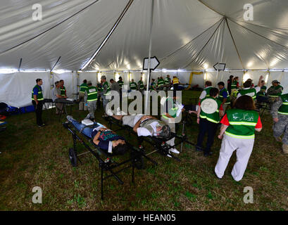 Simulazione di vittime provenienti dalla base comune Charleston Air Base, 14 maggio 2014 a Greenville-Spartanburg l'Aeroporto Internazionale di Greenville, S.C. La 315Airlift Wing ha ospitato una catastrofe nazionale sistema medicale in esercizio per attivare active, riserva e servizio di guardia membri lungo con agenzie civili la possibilità di dimostrare il soccorso medico e il trattamento delle competenze. La manifestazione ha avuto luogo sia a base comune, Charleston S.C., la posizione del terremoto simulato incidente in cui i pazienti hanno ricevuto il trattamento iniziale e di Greenville, S.C., in cui i pazienti sono stati evacuati per seguire-sulla cura. Il N Foto Stock