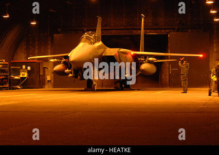 Il Mag. Lucas Teel, 492nd Fighter Squadron pilota, e il tenente Col. Clint Mixon, 492nd FS commander, preparare un taxi per il loro F-15E Strike Eagle prima della loro partenza da RAF Lakenheath, Inghilterra, 19 marzo 2011. Le unità dalla 48th Fighter Wing sono attualmente conducendo pre-procedure di distribuzione a sostegno dell'operazione Odyssey Dawn. La 48th Fighter Wing fornisce all-weather, di giorno o di notte la superiorità dell'aria e aria-terra di precisione la capacità di combattimento nonché la lotta contro la ricerca e il salvataggio. Tech. Sgt. Lee A. Osberry Jr Foto Stock