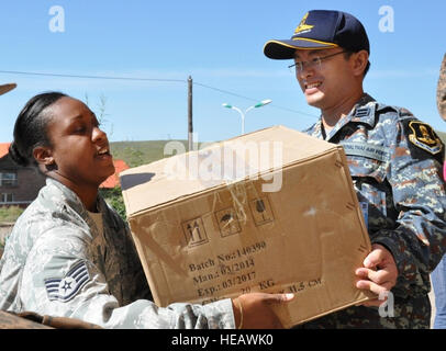 Stati Uniti Air Force Staff Sgt. Alexis Rengifo, sinistra, assegnato al trentacinquesimo assistenza medica squadrone e una Royal Thai Air forze volo tenente caricare una cassetta di forniture mediche in preparazione per una salute servizi sito outreach in Erdenet, Mongolia, Agosto 13, 2014, durante il Pacific Angel-Mongolia 14-4. Pacific Angel è un giunto e combinato di assistenza umanitaria operazione condotta nell area del Pacifico di responsabilità per il supporto di U.S. Pacifico Comando la costruzione di capacità sforzi. Il cap. Justin Billot Foto Stock