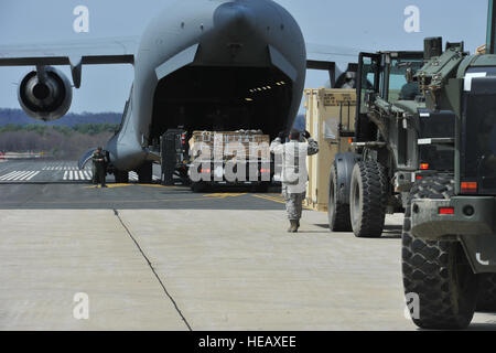 Stati Uniti Air Force aviatori dal trentesimo porta antenna Squadron (AP), Niagara Falls riserva d'aria Stazione, N.Y., e la Trentaduesima APS, Pittsburgh, assistere il caricamento di container su un U.S. Air Force C-17 Globemaster III dall'ottantanovesimo Airlift Wing, Wright-Patterson AFB, Ohio, 6 maggio 2014, a Fort McCoy, Wis., a sostegno di esercizio guerriero Patriot 2014. Esercito degli Stati Uniti di componenti di riserva di tutti i rami di partecipare in esercizi combinati Patriot Warrior, Global Medic, Diamond Saber e CSTX in preparazione per le implementazioni in programma in ambienti comuni. Master Sgt. Donald R. Allen Foto Stock