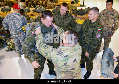 Stati Uniti Esercito Sgt 1a. John Kearns, paracadutisti assegnato all'173rd Airborne Brigata Battaglione di supporto, 173rd Brigata Aerea, don i loro paracadute per la Polonia paracadutista dal 6° Brigata Aerea, presso la base aerea di Aviano, Ottobre 17, 2016 in preparazione per le operazioni di volo su Giulietta Drop Zone di Pordenone, Italia come una parte di Peacemaster unità di formazione. Unità Peacemaster è multinazionale comune disponibilità esercizio compreso la partecipazione di 7 nazioni condurre missioni in 3 paesi, in grado di offrire oltre 2000 soldati e 20 gocce pesanti. Il 173rd Brigata aerea è l'U.S. Contingenza dell esercito Foto Stock