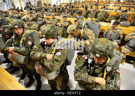 Stati Uniti Il personale dell'esercito Sgt. Alexis Forchiney, Un jumpmaster assegnato alla 54th Engineer battaglione, 173rd Brigata Aerea, conduce jumpmaster personale di ispezione polacco esercito dell'attrezzatura, un paracadutista assegnati al 6° Brigata Aerea, prima di una operazione di volo presso la base aerea di Aviano, Italia ott. 19, 2016 come parte di unità Peacemaster formazione. Unità Peacemaster è multinazionale comune disponibilità esercizio compresa la partecipazione di sette nazioni condurre missioni in tre paesi, in grado di offrire oltre 2000 soldati e 20 gocce pesanti. Il 173rd Brigata aerea è l'U.S. Contingenza esercito Resp Foto Stock