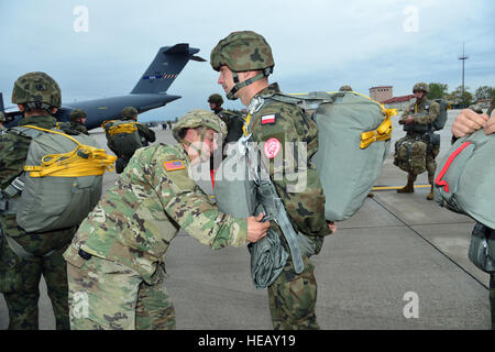 Stati Uniti Esercito 1Lt. David Blum, a sinistra Un jumpmaster assegnato alla 54th Engineer battaglione, 173rd Brigata Aerea, conduce jumpmaster personale di ispezione polacco esercito dell'attrezzatura, un paracadutista assegnati al 6° Brigata Aerea, prima di una operazione di volo presso la base aerea di Aviano, Italia ott. 19, 2016 come parte di unità Peacemaster formazione. Unità Peacemaster è multinazionale comune disponibilità esercizio compresa la partecipazione di sette nazioni condurre missioni in tre paesi, in grado di offrire oltre 2000 soldati e 20 gocce pesanti. Il 173rd Brigata aerea è l'U.S. Esercito Respons di emergenza Foto Stock