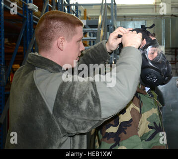 Stati Uniti Air Force Airman 1. Classe James Brewer, sinistra, centesimo disponibilità logistica Squadron attrezzature di protezione individuali di mobilità da apprendista Shawnee, Okla., assiste Flying Officer Graham Macalister con un ingranaggio di chimica gas mask dimostrazione Feb 24, 2015, sulla RAF Mildenhall, Inghilterra. Royal Air Force ufficiali di logistica ha visitato con i membri del centesimo LRS durante un tour del sito per migliorare ulteriormente le relazioni tra le due nazioni. Gina Randall Foto Stock