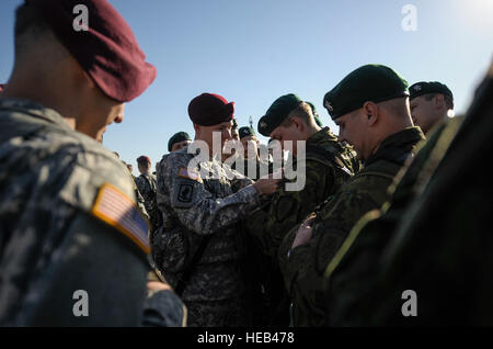 Un paracadutista dal 173rd della brigata di fanteria combattere Team (Airborne) unità dei mestieri di patch con un soldato dell'esercito lituano su Siauliai air base, Lituania, 26 aprile 2014. Avieri dal 37th Airlift Squadron trasportati 150 paracadutisti dalla base aerea di Aviano, Italia per la Lituania a richiesta delle nazioni ospitanti nella regione e per dimostrare ulteriormente l impegno degli Stati Uniti per la NATO. Il personale Sgt. Sara Keller) Foto Stock