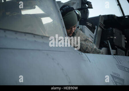 Stati Uniti Air Force Senior Airman Karen O'Neal, 81st Manutenzione aeromobili unità tecnico di avionica da Yokosuka, Giappone, i sistemi di controllo interno del cockpit di un A-10 Thunderbolt II aeromobili in Monte Real, Portogallo, Feb 13, 2013. La formazione è per la multinazionale, operazioni congiunte a sostegno delle future operazioni militari nel quadro di diversi internazionale di forze che hanno collaborato, come la NATO e UE. Il personale Sgt. Nathanael Callon Foto Stock