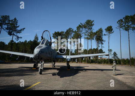 MONTE Real, Portogallo - Un-10 Thunderbolt II aeromobili dalla 81st Fighter Squadron si prepara per il decollo in Monte Real, Portogallo, 14 febbraio, 2013. La 81st partecipa al disgelo reale, che è un portoghese esercitazione militare. La formazione è per la multinazionale, operazioni congiunte a sostegno delle future operazioni militari nel quadro di diversi internazionale di forze che hanno collaborato, come la NATO e UE. Il personale Sgt. Nathanael Callon Foto Stock