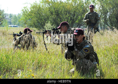 Membri della 91Forze di Sicurezza gruppo Global Strike Team Challenge crouch giù durante l addestramento tattico a Minot Air Force Base, N.D., Sett. 2, 2015. Per il treno per il GSC, il team è stato facendo fisica e mentale di formazione ogni giorno, così come lavorare su le loro tattiche e lavoro di squadra. (U.S. Air Force photo / Senior Airman Kristoffer Kaubisch) Foto Stock