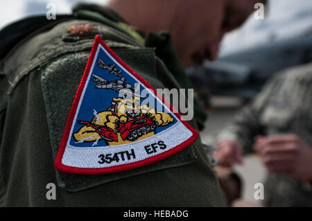 Un 354Expeditionary Fighter Squadron patch è visualizzato sulla spalla di un A-10 Thunderbolt II attacco pilota di aerei del 1 maggio 2015, a Ämari Air Base, Estonia. Circa 66 avieri e delle attrezzature di supporto dal 355Fighter Wing a Davis-Monthan Air Force Base in Arizona e la cinquantaduesima Fighter Wing a Spangdahlem Air Base, Germania sosterrà la distribuzione in Estonia. Senior Airman Rusty Frank Foto Stock