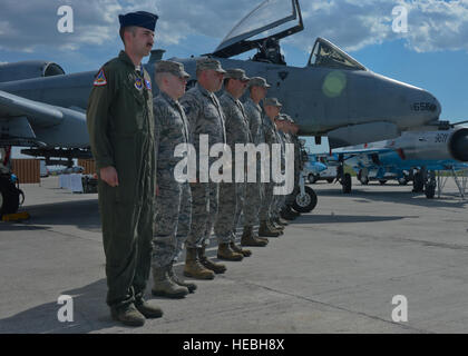 Stati Uniti Air Force aviatori assegnati a 354Expeditionary Fighter Squadron stand ad attenzione accanto a Visualizza statico di un U.S. Air Force A-10 Thunderbolt II e un rumeno air force MiG-21 jet da combattimento prima di un evento mediatico sul flightline a Campia Turzii, Romania, 16 aprile 2015. Circa 200 aviatori e delle attrezzature di supporto dal 355Fighter Wing a Davis-Monthan Air Force Base, Ariz. e la cinquantaduesima Fighter Wing a Spangdahlem Air Base, Germania sosterrà la distribuzione in Campia Turzii. (U.S. Air Force photo by Staff Sgt. Joe W. McFadden/rilasciato) Foto Stock