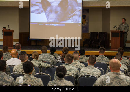 Avieri assistere alla cerimonia di pensionamento di militari cane da lavoro Larry a Sheppard Air Force Base in Texas, Agosto 12, 2015. Larry è stato concesso un pensionamento anticipato dopo più di 8.000 ore di lavoro e più di duemila rilevamento esplosivi del tempo di ricerca. (U.S. Air Force foto di Senior Airman Kyle Gese/rilasciato) Foto Stock